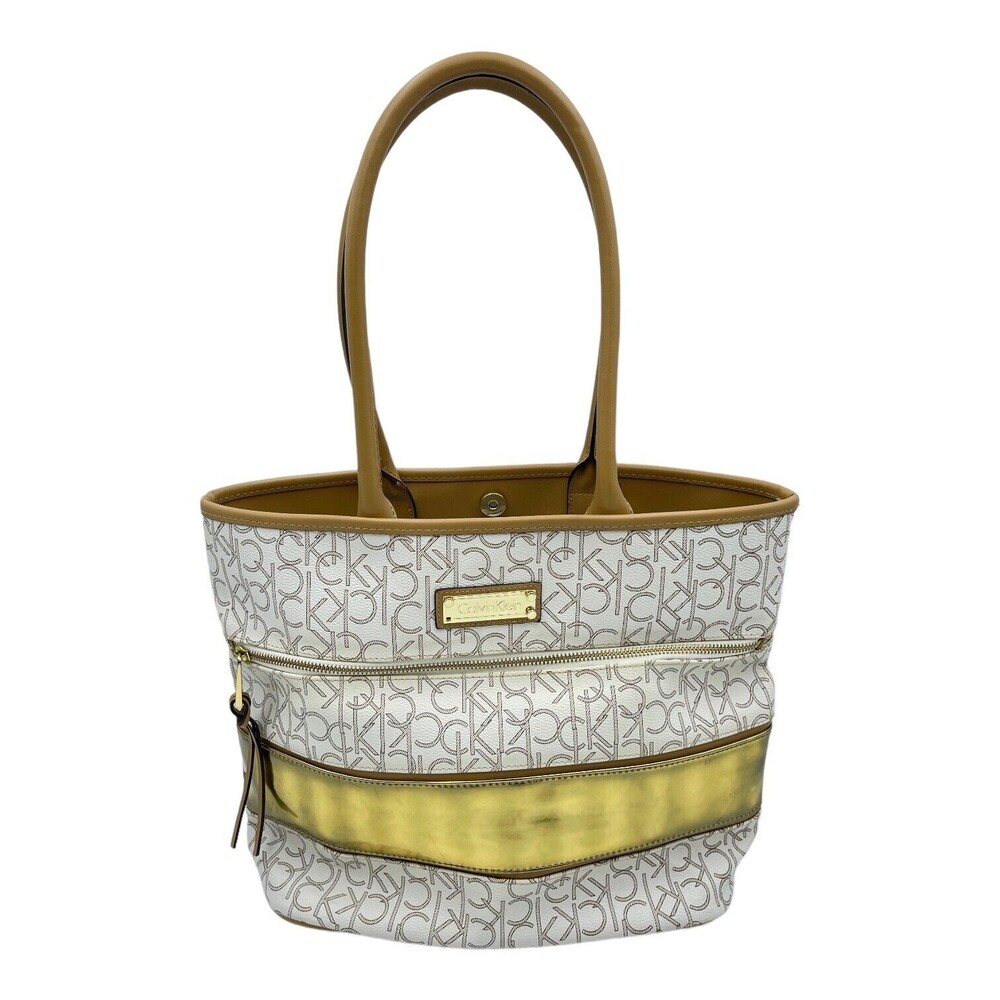 Calvin Klein Logo Print White Gold Stripe Large Tote Handbag Purse